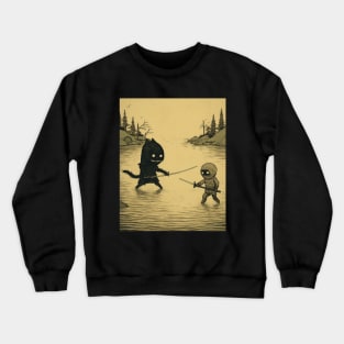 Chiaroscuro Ninja Duel: Sepia-Toned Moody Landscape Woodcut Crewneck Sweatshirt